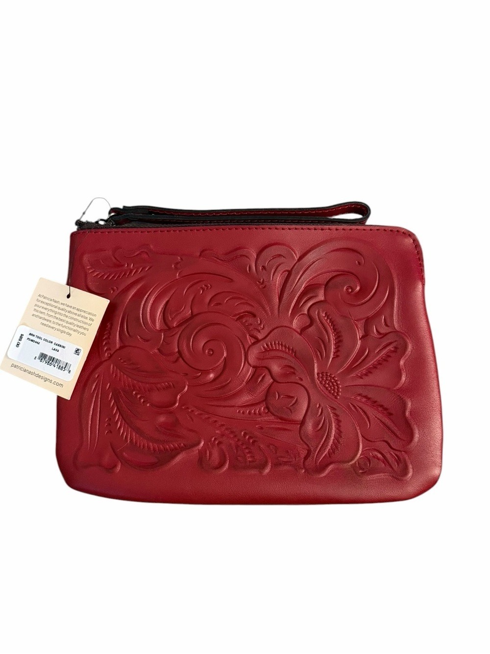 Patricia Nash NWT Cassini Lava Red Tooled Embossed Leather Wristlet Pouch Boho